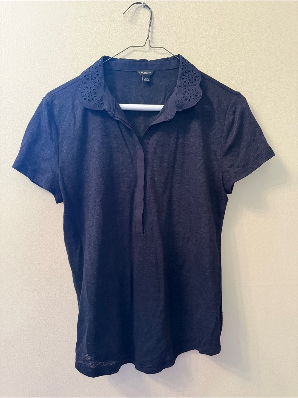 Ann Taylor Navy Eyelet-Collar Polo Tee